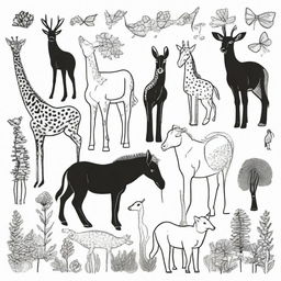 A diverse set of animals outlined in black on a white backdrop, perfectly designed for coloring.