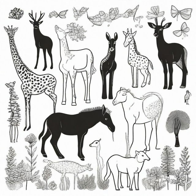 A diverse set of animals outlined in black on a white backdrop, perfectly designed for coloring.