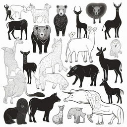 A diverse set of animals outlined in black on a white backdrop, perfectly designed for coloring.