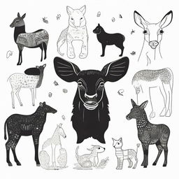 A diverse set of animals outlined in black on a white backdrop, perfectly designed for coloring.