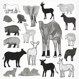 A diverse set of animals outlined in black on a white backdrop, perfectly designed for coloring.