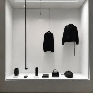 The window dresser carefully arranged the products in the shop window to showcase the modern and minimalist interior design.