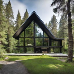 A sleek, modern chalet built of steel and glass located amidst a lush green forest.