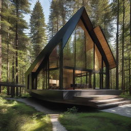 A sleek, modern chalet built of steel and glass located amidst a lush green forest.