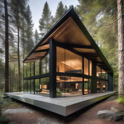 A sleek, modern chalet built of steel and glass located amidst a lush green forest.