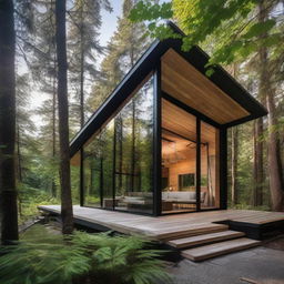 A sleek, modern chalet built of steel and glass located amidst a lush green forest.