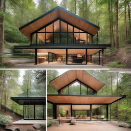 Multiple angles and interior views of a sleek, modern chalet built of steel and glass, situated within a verdant forest.