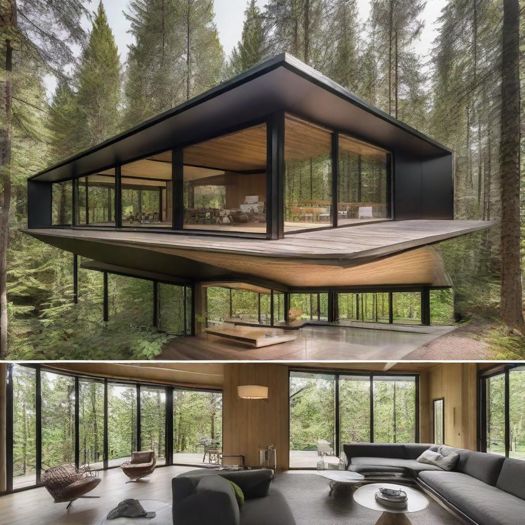 Multiple angles and interior views of a sleek, modern chalet built of steel and glass, situated within a verdant forest.