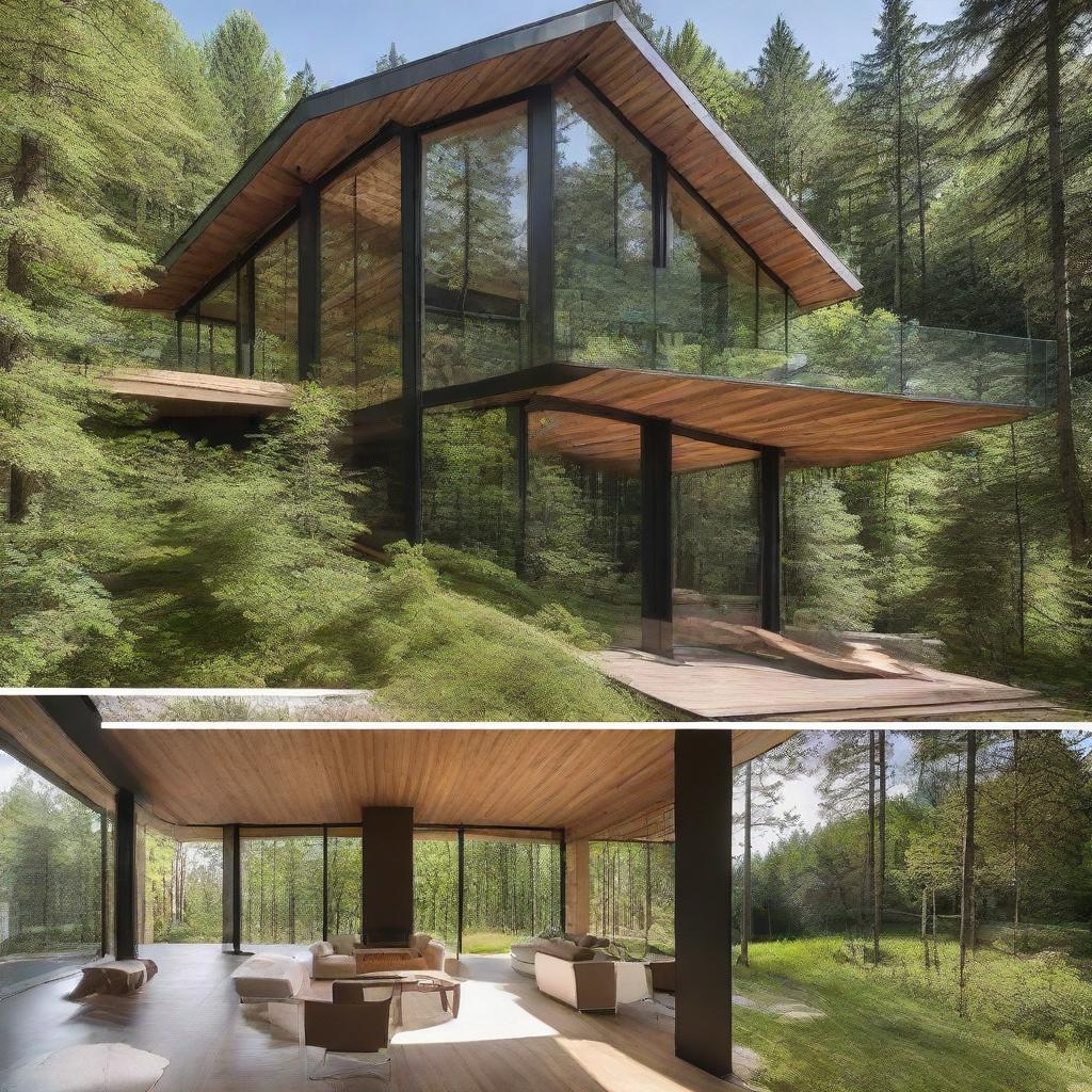 Multiple angles and interior views of a sleek, modern chalet built of steel and glass, situated within a verdant forest.