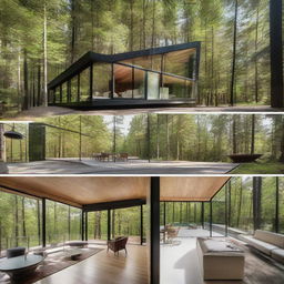 Multiple angles and interior views of a sleek, modern chalet built of steel and glass, situated within a verdant forest.