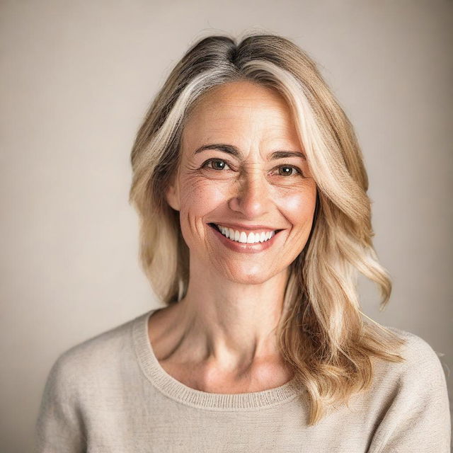 A detailed portrait of a woman with expressive eyes and a gentle smile, dressed in casual clothing against a neutral background.