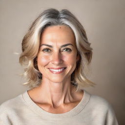 A detailed portrait of a woman with expressive eyes and a gentle smile, dressed in casual clothing against a neutral background.