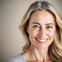 A detailed portrait of a woman with expressive eyes and a gentle smile, dressed in casual clothing against a neutral background.