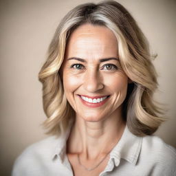 A detailed portrait of a woman with expressive eyes and a gentle smile, dressed in casual clothing against a neutral background.