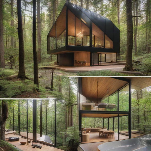 Multiple perspectives, including interior views, of a compact, modern chalet made of steel and glass nestled in a verdant forest.