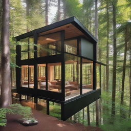 Multiple perspectives, including interior views, of a compact, modern chalet made of steel and glass nestled in a verdant forest.