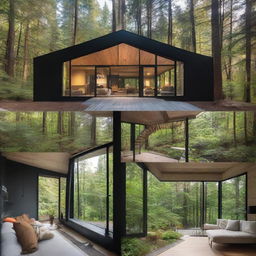 Multiple perspectives, including interior views, of a compact, modern chalet made of steel and glass nestled in a verdant forest.