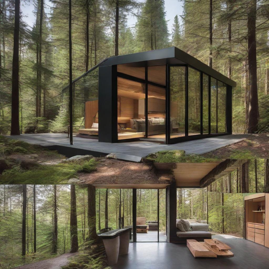 Multiple perspectives, including interior views, of a compact, modern chalet made of steel and glass nestled in a verdant forest.