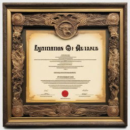 A realistic certificate encased in an ornate frame adorned with incredibly detailed Balinese dragon designs