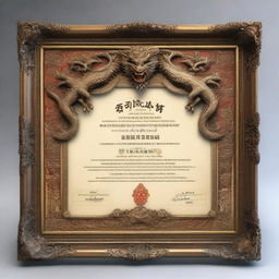 A realistic certificate encased in an ornate frame adorned with incredibly detailed Balinese dragon designs