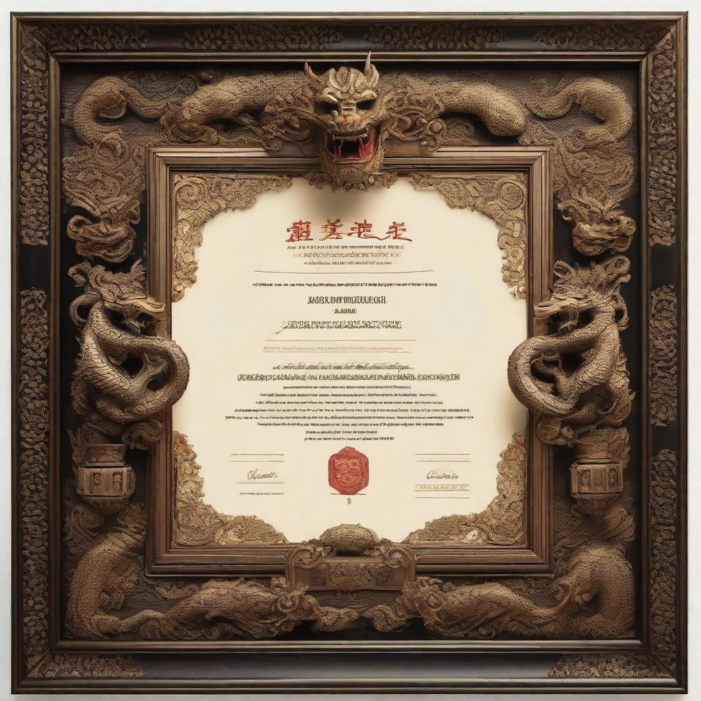 A realistic certificate encased in an ornate frame adorned with incredibly detailed Balinese dragon designs