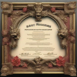 A realistic certificate encased in an ornate frame adorned with incredibly detailed Balinese dragon designs