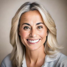 A detailed portrait of a woman with expressive eyes and a gentle smile, dressed in casual clothing against a neutral background.