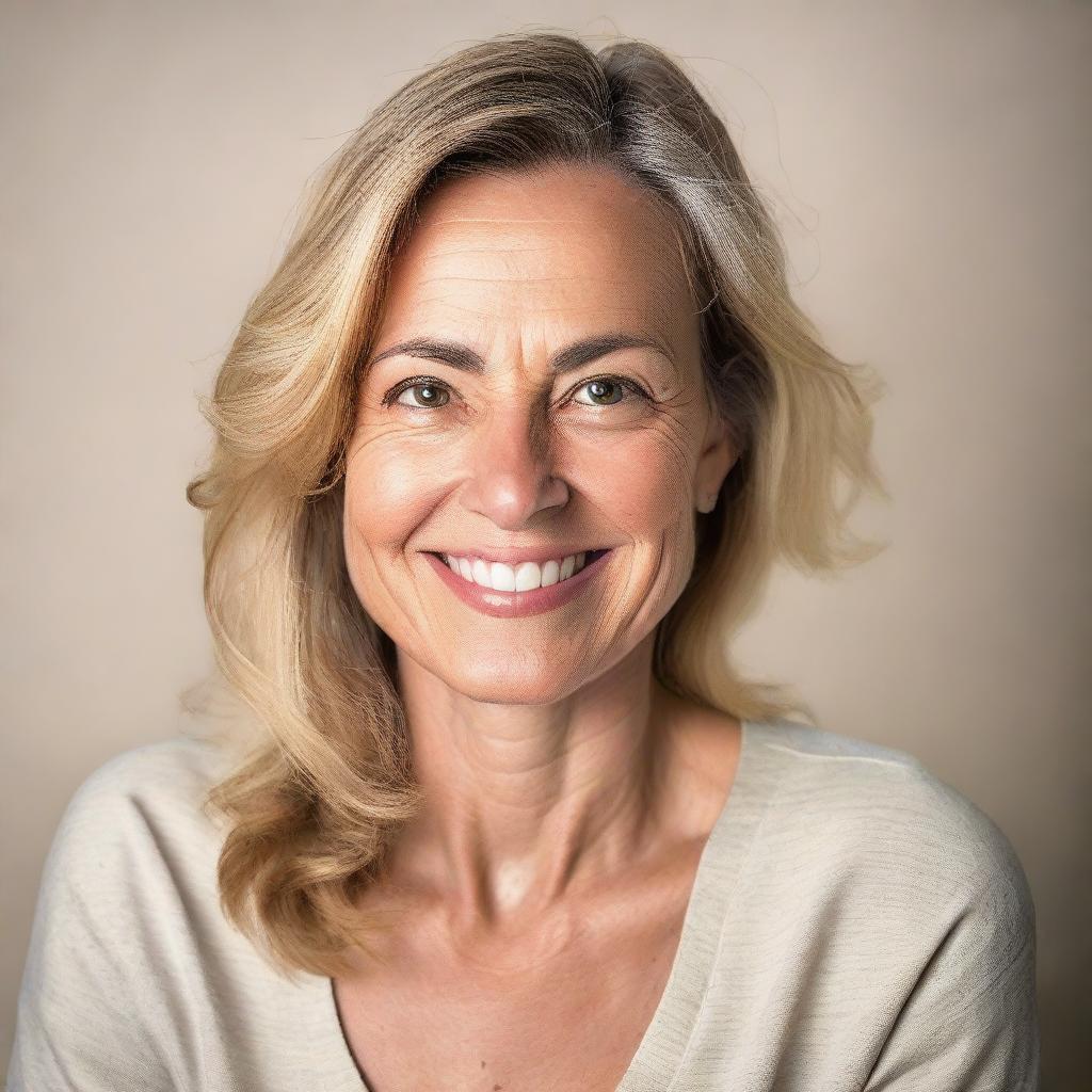 A detailed portrait of a woman with expressive eyes and a gentle smile, dressed in casual clothing against a neutral background.