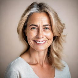 A detailed portrait of a woman with expressive eyes and a gentle smile, dressed in casual clothing against a neutral background.