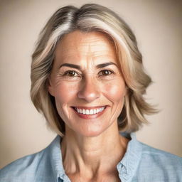 A detailed portrait of a woman with expressive eyes and a gentle smile, dressed in casual clothing against a neutral background.