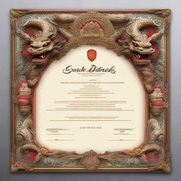 A realistic certificate, formatted to a 16:9 aspect ratio, encased in an ornate frame adorned with incredibly detailed Balinese dragon designs