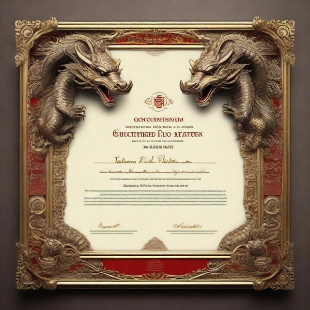 A realistic certificate, formatted to a 16:9 aspect ratio, encased in an ornate frame adorned with incredibly detailed Balinese dragon designs