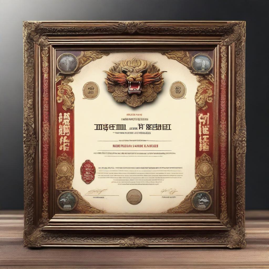 A realistic certificate, formatted to a 16:9 aspect ratio, encased in an ornate frame adorned with incredibly detailed Balinese dragon designs