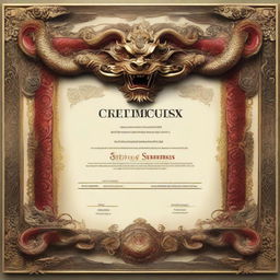 A realistic certificate, formatted to a 16:9 aspect ratio, encased in an ornate frame adorned with incredibly detailed Balinese dragon designs