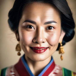 A detailed portrait of an Asian woman with expressive eyes and a gentle smile, dressed in traditional attire against a background that reflects her culture.