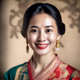 A detailed portrait of an Asian woman with expressive eyes and a gentle smile, dressed in traditional attire against a background that reflects her culture.