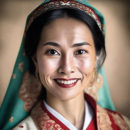 A detailed portrait of an Asian woman with expressive eyes and a gentle smile, dressed in traditional attire against a background that reflects her culture.