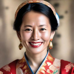 A detailed portrait of an Asian woman with expressive eyes and a gentle smile, dressed in traditional attire against a background that reflects her culture.