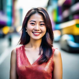 A vivid portrait of a young Asian woman with sparkling eyes and a lively smile, dressed in modern attire, set against a vibrant, urban background.