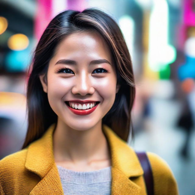 A vivid portrait of a young Asian woman with sparkling eyes and a lively smile, dressed in modern attire, set against a vibrant, urban background.