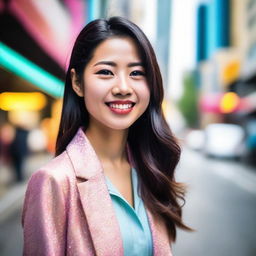 A vivid portrait of a young Asian woman with sparkling eyes and a lively smile, dressed in modern attire, set against a vibrant, urban background.