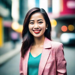 A vivid portrait of a young Asian woman with sparkling eyes and a lively smile, dressed in modern attire, set against a vibrant, urban background.