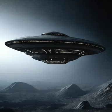 In the science fiction movie, the spaceship emerged from the shadowy darkness of space, its greyish-black hull reflecting the coldness of the universe.