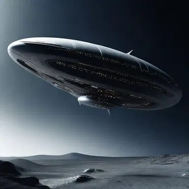 In the science fiction movie, the spaceship emerged from the shadowy darkness of space, its greyish-black hull reflecting the coldness of the universe.