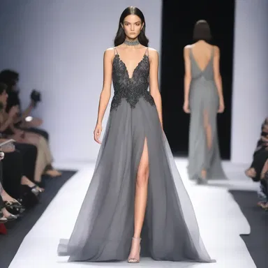The fashion designer showcased a stunning greyish-black dress on the runway, combining elegance with a modern twist.