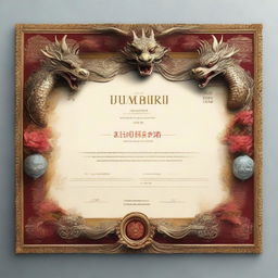 A realistic certificate in a 16:9 ratio format, featuring an ornate frame laden with highly detailed Balinese dragon motifs