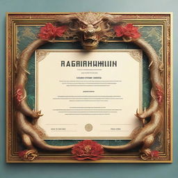 A realistic certificate in a 16:9 ratio format, featuring an ornate frame laden with highly detailed Balinese dragon motifs