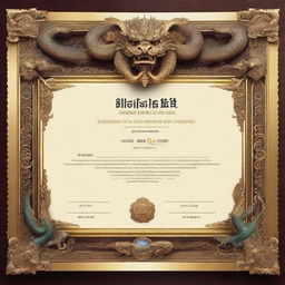 A realistic certificate in a 16:9 ratio format, featuring an ornate frame laden with highly detailed Balinese dragon motifs