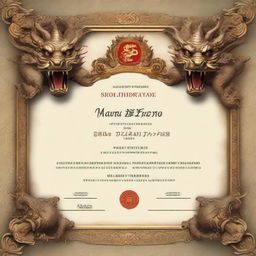 A realistic certificate in a 16:9 ratio format, featuring an ornate frame laden with highly detailed Balinese dragon motifs