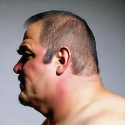 Detailed view of a large man's face, back of head visible